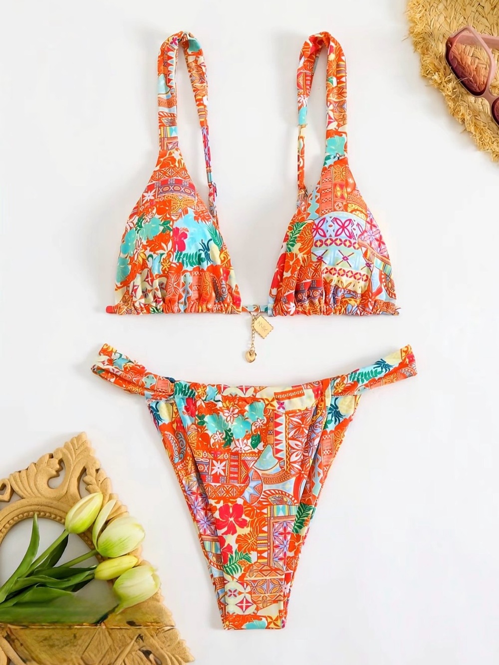 Vibrant Patchwork Mosaic & Tropical Floral Bikini Set 🌴 Halter Top Co-ord Small